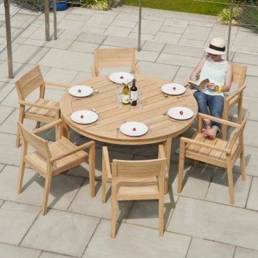 Roble 6 Seater Round Dining Set with Stacking Arm Chairs