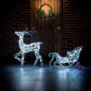 Iridescent 85cm Reindeer And Sleigh With White LEDS