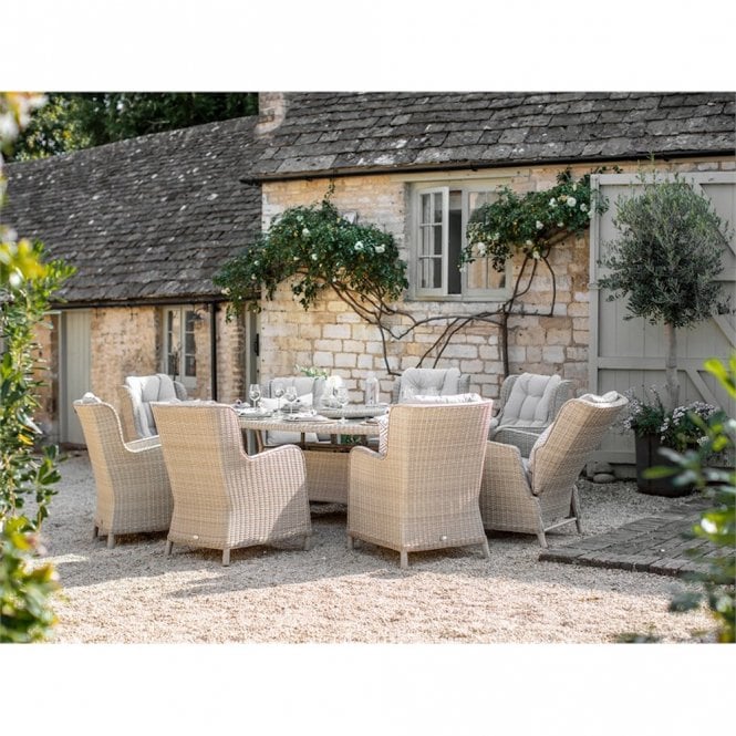 Bramblecrest Chedworth 220 x 145cm Elliptical Table, 60cm L/S, 2 Recliners, 6 Armchairs & Parasol - Sandstone
