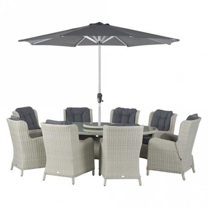 Bramblecrest Chedworth 220 x 145cm Elliptical Table, 60cm L/S, 2 Recliners, 6 Arrmchairs & Parasol - Dove Grey