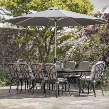 Milan 180/260cm Rectangle Extending Table with 10 Armchairs, Parasol & Base - Black
