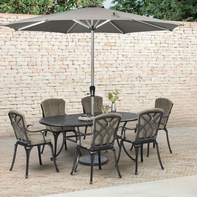 Bramblecrest Milan 184 x 108cm Oval Table with 6 Armchairs, Parasol & Base - Black