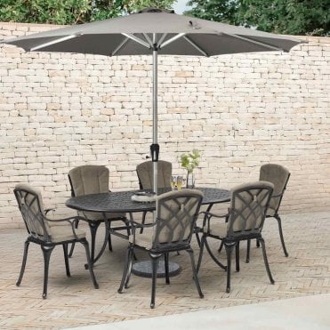 Milan 184 x 108cm Oval Table with 6 Armchairs, Parasol & Base - Black