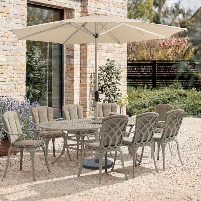 Bramblecrest Milan 213 x 108cm Oval Table with 8 Armchairs, Parasol & Base - Stone