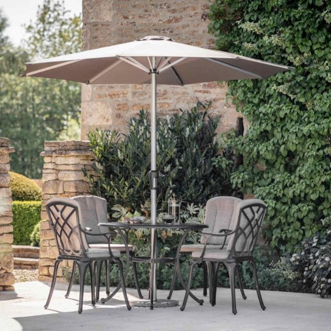Bramblecrest Milan Black Cast Aluminium 4 Seat Round Dining Set with Parasol & Base