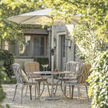 Milan Stone Cast Aluminium 4 Seat Round Dining Set with Parasol & Base