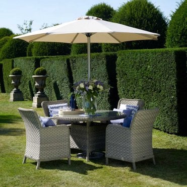 Patagonia 120cm Round Table with 4 Armchairs & Parasol - Willow