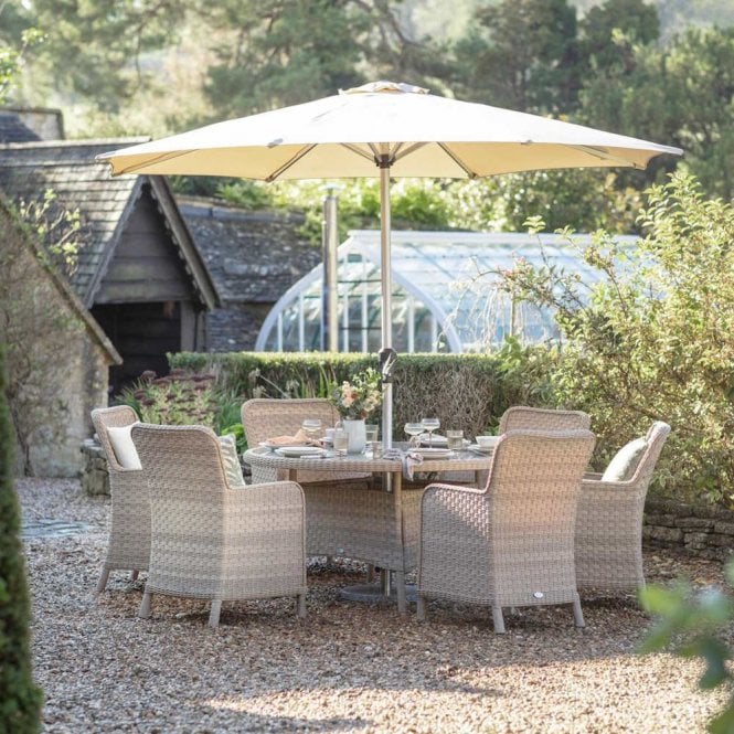 Bramblecrest Patagonia 140cm Round Table with 6 Armchairs & Parasol - Willow
