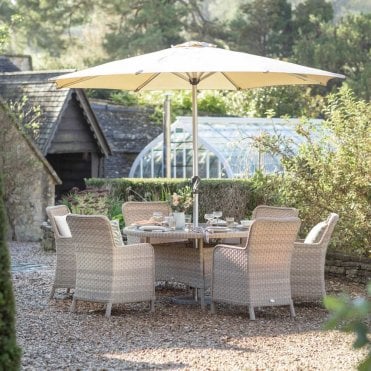 Patagonia 140cm Round Table with 6 Armchairs & Parasol - Willow