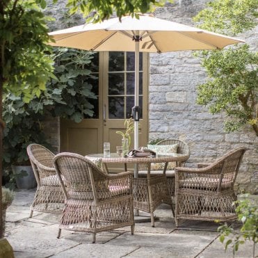 Rosemoor RHS Rattan 4 Seat Round Dining Set with Parasol & Base