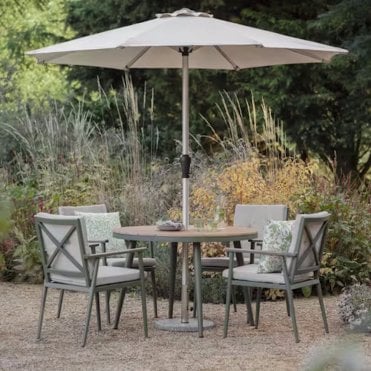 Wisley Sage 4 Seat Round Dining Set with Parasol & Base