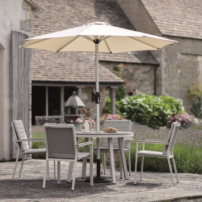 Bramblecrest Zurich 110cm Round Tree-Free Table with 4 Chairs, Parasol & Base - Mocha