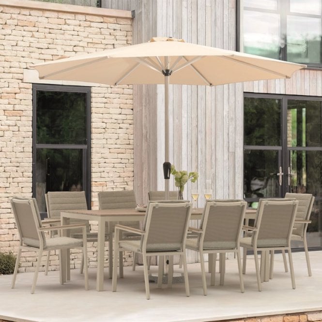 Bramblecrest Zurich 204 x 95cm Rectangle Tree-Free Table with 8 Chairs & Parasol - Mocha
