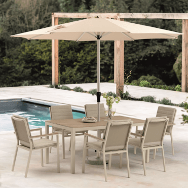 Zurich 6 Seat Rectangle Dining Set with Parasol and Base - Mocha