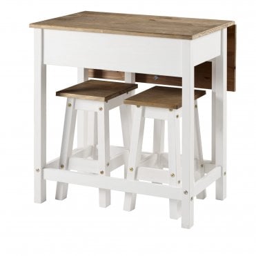 Corona White Drop Leaf Table & 2 Stools Set