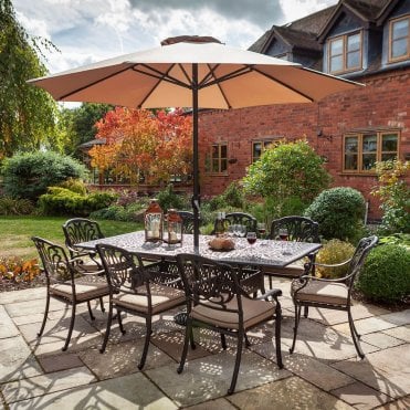 Amalfi 8 Seat Dining Set with 3m Parasol - Bronze/Amber