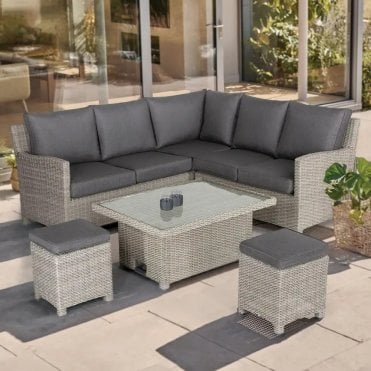 Palma Mini Corner Dining Set With Adjustable Glass Table - White Wash
