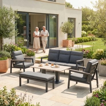 Tudor 5 Seat Sofa Set with Lounge Armchairs & High/Low Table