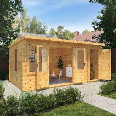 5.1m x 3m Pent Log Cabin with Side Shed