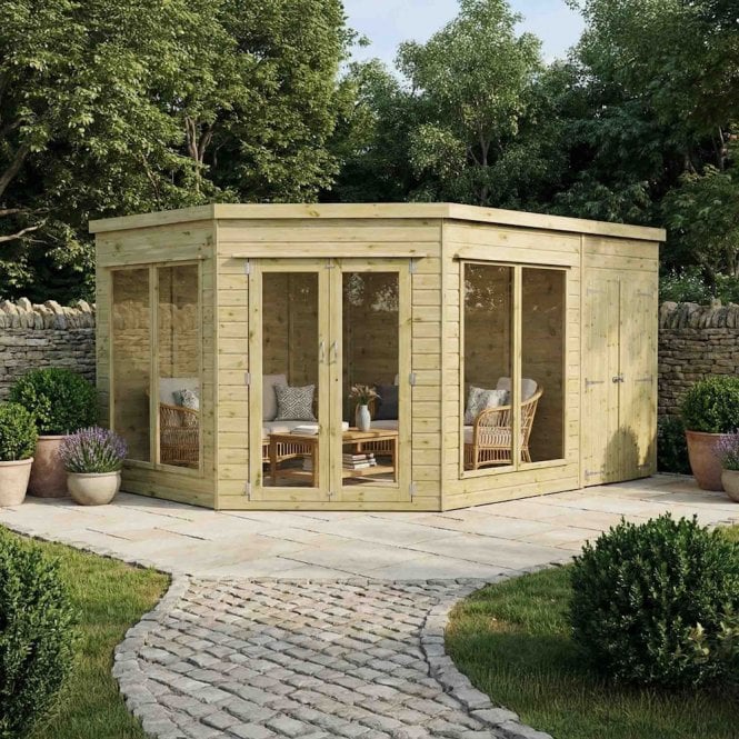Mercia Premium Corner Summerhouse with Side Shed 13X9