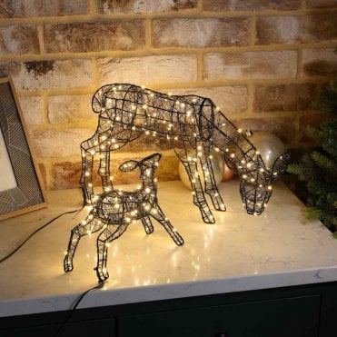 25cm Black Wire Deer And Fawn 150 Warm White LEDs