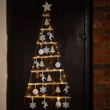 90cm Wooden Hanging Tree Ladder With Decs & Wire Lights
