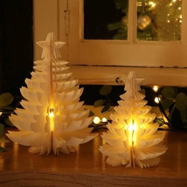 Set of 2 Cream Paper Trees with Flickering Effect Tealight