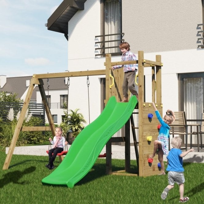 Shire Rumble Ridge Wooden Climbing Frame Rock Wall with Double Swing & Slide