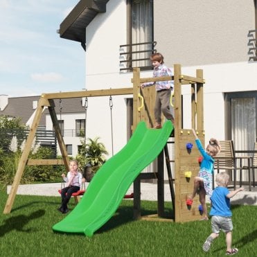 Rumble Ridge Wooden Climbing Frame Rock Wall with Double Swing & Slide