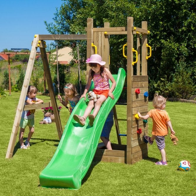 Shire  Rumble Ridge Wooden Climbing Frame with Rock Wall, Single Swing & Slide