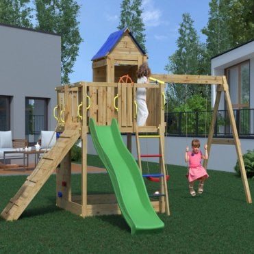Treehouse Wooden Climbing Frame With Double Swing and Slide